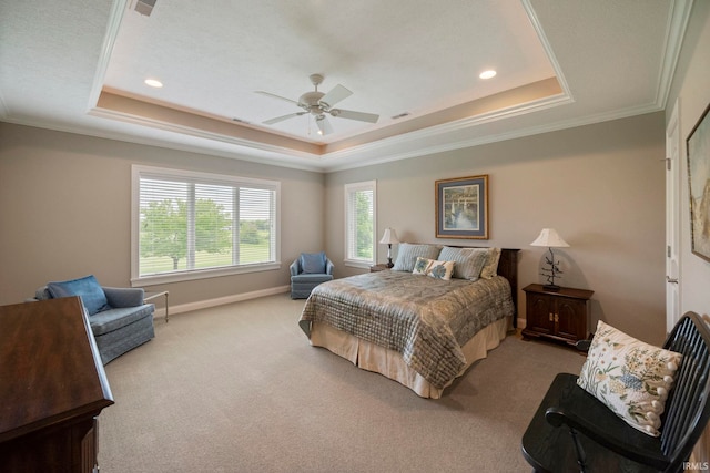 5198 Gardenia Ct, West Lafayette, IN 47906 - bedroom with a tray ceiling, carpet floors, ornamental molding, ceiling fan, and baseboards