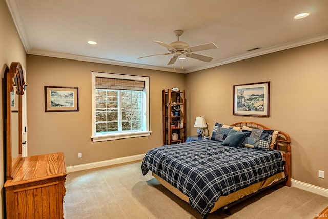 5198 Gardenia Ct, West Lafayette, IN 47906 - bedroom featuring light carpet, baseboards, crown molding, recessed lighting, and a ceiling fan