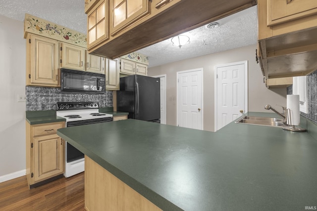 541 Genevieve Ave, Jasper, IN 47546 - kitchen with black appliances, a textured ceiling, dark wood-type flooring, decorative backsplash, and a sink