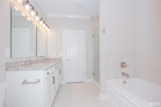 6968 Barlow Ct, Newburgh, IN 47630 - full bath featuring a bath, ornamental molding, a stall shower, vanity, and tile patterned floors