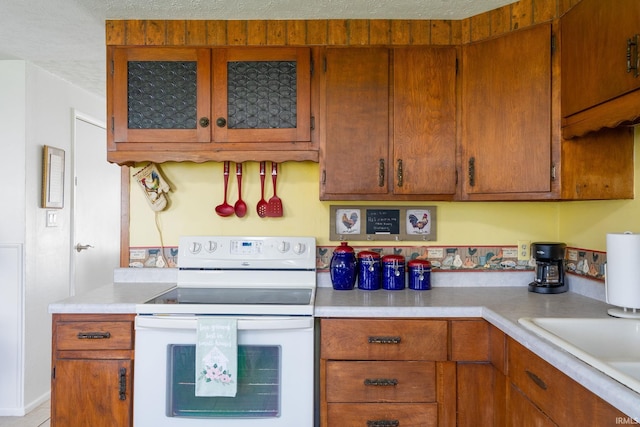5621 Council Ring Blvd, Kokomo, IN 46902 - kitchen featuring white range with electric stovetop, light countertops, a sink, glass insert cabinets, and brown cabinetry