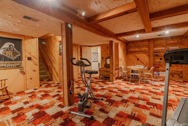 workout room featuring wood walls and carpet