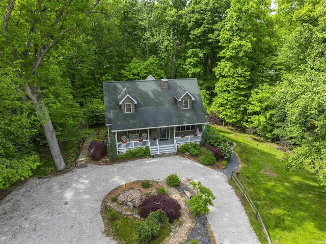 6015 E State Road 46, Bloomington, IN 47401 - cape cod home with covered porch, a chimney, curved driveway, and a wooded view
