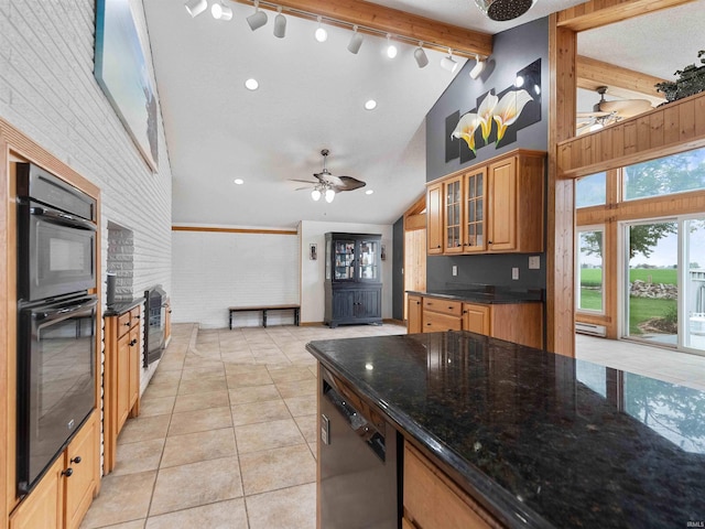 4038 Fahlsing Rd, Woodburn, IN 46797 - kitchen with ceiling fan, dishwasher, glass insert cabinets, beamed ceiling, and dark stone countertops