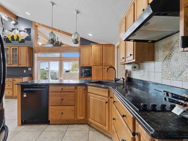 4038 Fahlsing Rd, Woodburn, IN 46797 - kitchen featuring under cabinet range hood, black appliances, lofted ceiling, a sink, and backsplash