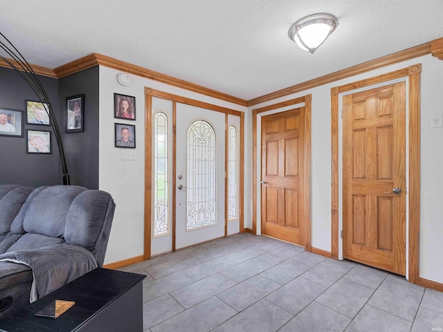 4038 Fahlsing Rd, Woodburn, IN 46797 - foyer with a textured ceiling, ornamental molding, baseboards, and light tile patterned floors