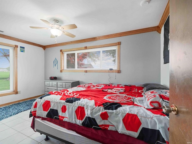 4038 Fahlsing Rd, Woodburn, IN 46797 - tiled bedroom featuring crown molding, a ceiling fan, and baseboards