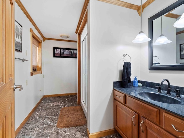 4038 Fahlsing Rd, Woodburn, IN 46797 - bathroom with ornamental molding, baseboards, vanity, and marble finish floors