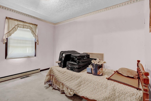 carpeted bedroom featuring a textured ceiling, a baseboard radiator, and baseboards