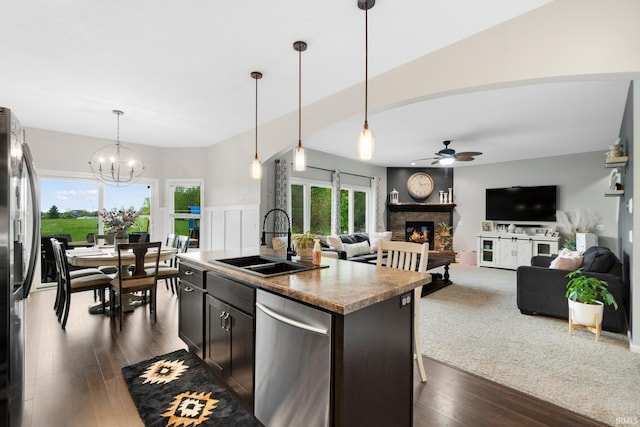 kitchen featuring stainless steel appliances, a sink, a fireplace, and plenty of natural light