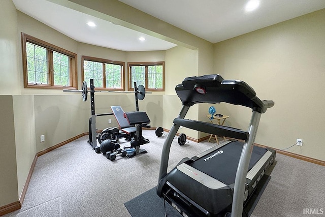workout room with carpet flooring, baseboards, and recessed lighting