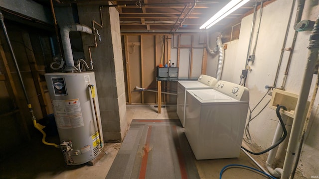 unfinished below grade area with water heater and washing machine and dryer