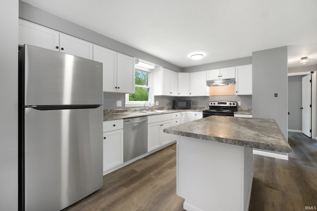 kitchen with appliances with stainless steel finishes, under cabinet range hood, dark wood-type flooring, and a sink