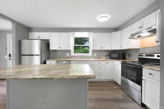 kitchen featuring appliances with stainless steel finishes, under cabinet range hood, a sink, wood finished floors, and a kitchen island