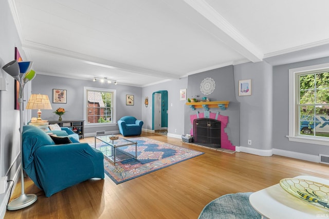 living room with wood finished floors, crown molding, healthy amount of natural light, arched walkways, and beam ceiling