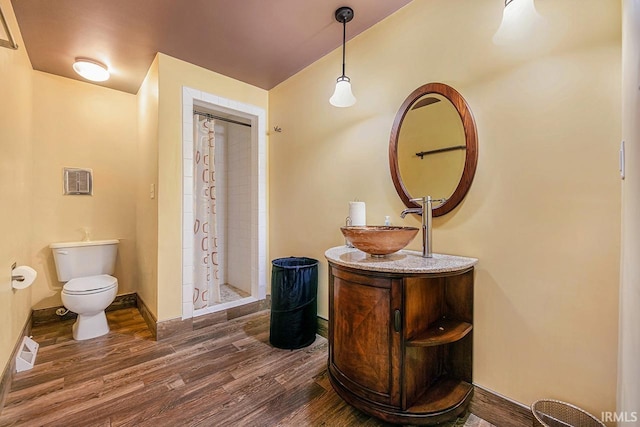 3016 S E Lake Dr, Elkhart, IN 46514 - bathroom with wood finished floors, toilet, a shower stall, baseboards, and vanity