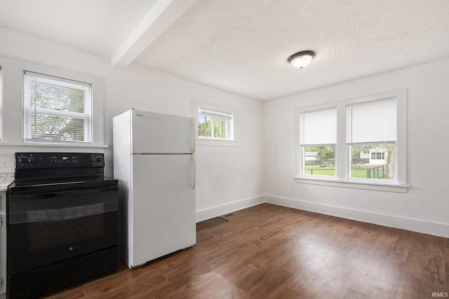 241 E Fairview Ave, South Bend, IN 46614 - kitchen with electric range, freestanding refrigerator, baseboards, dark wood-style flooring, and beam ceiling