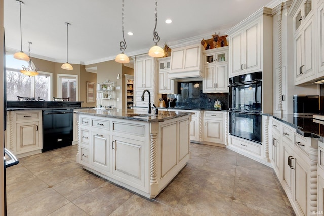 6482 Hollopeter Rd, Leo, IN 46765 - kitchen featuring black appliances, a sink, crown molding, tasteful backsplash, and a kitchen island with sink