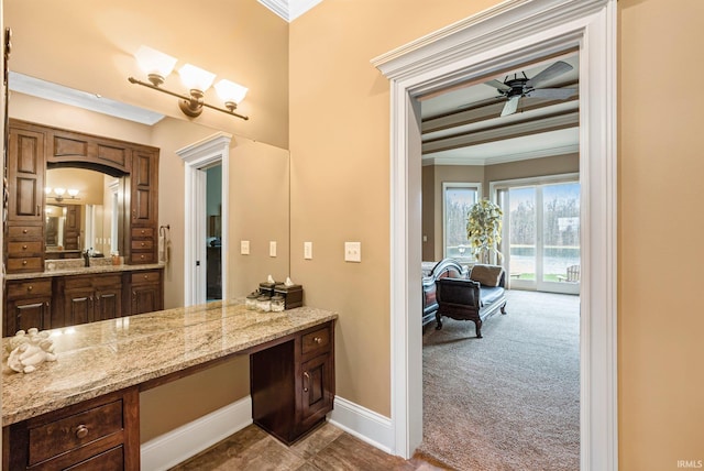 6482 Hollopeter Rd, Leo, IN 46765 - bathroom with crown molding, a ceiling fan, vanity, and baseboards