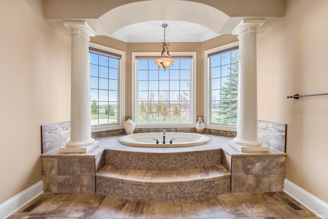 6482 Hollopeter Rd, Leo, IN 46765 - bathroom featuring ornate columns, healthy amount of natural light, a bath, and crown molding