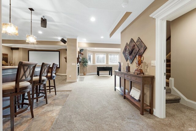 6482 Hollopeter Rd, Leo, IN 46765 - indoor dry bar with crown molding, light colored carpet, stairs, baseboards, and recessed lighting