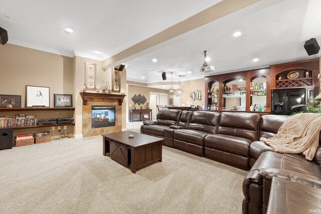 6482 Hollopeter Rd, Leo, IN 46765 - living room featuring carpet flooring, crown molding, recessed lighting, a tile fireplace, and baseboards