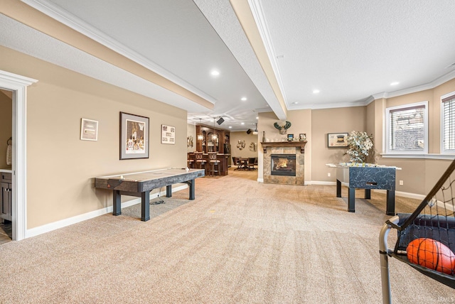 6482 Hollopeter Rd, Leo, IN 46765 - rec room featuring carpet, crown molding, recessed lighting, baseboards, and beamed ceiling