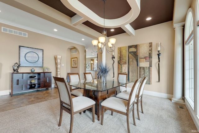 6482 Hollopeter Rd, Leo, IN 46765 - dining room featuring ornate columns, arched walkways, recessed lighting, crown molding, and a chandelier