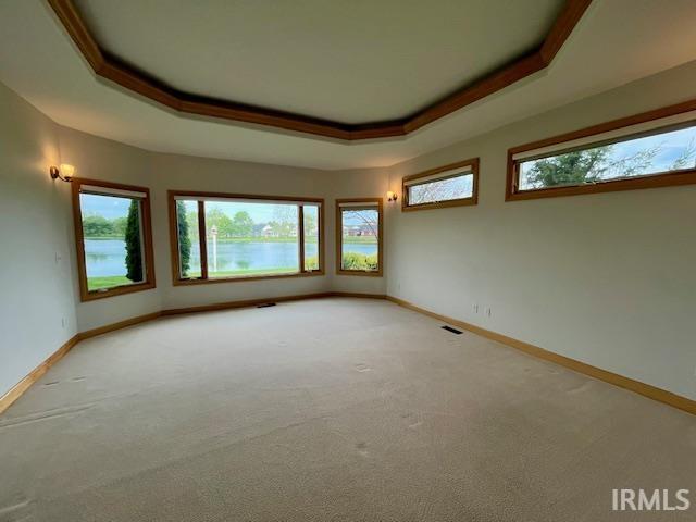 unfurnished room with a tray ceiling, light carpet, and baseboards