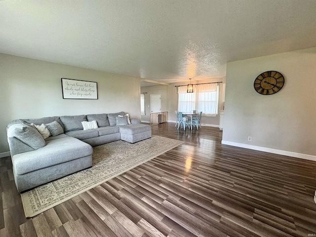 living area featuring baseboards, dark wood-style flooring, and a textured ceiling
