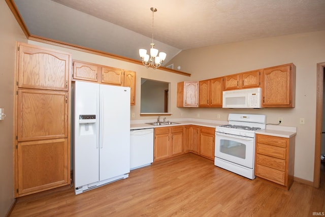 5148 Stable Dr, Lafayette, IN 47905 - kitchen featuring white appliances, vaulted ceiling, light countertops, a chandelier, and light wood-style floors