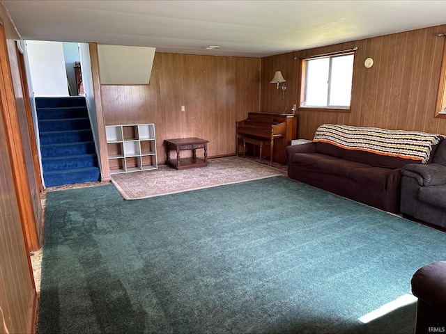 3586 E 100 S, Kokomo, IN 46902 - carpeted living area with stairs and wood walls