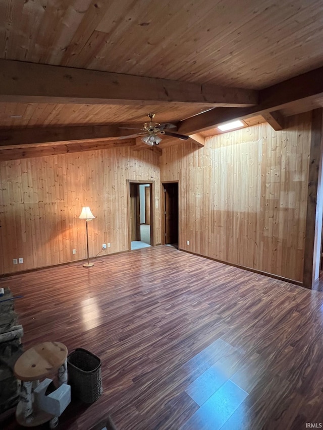 211 Mccutcheon Dr, Lafayette, IN 47909 - unfurnished living room with wood finished floors, wood walls, beam ceiling, ceiling fan, and wood ceiling