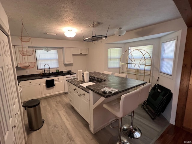 211 Mccutcheon Dr, Lafayette, IN 47909 - kitchen with dark countertops, light wood-type flooring, a sink, white cabinets, and a textured ceiling