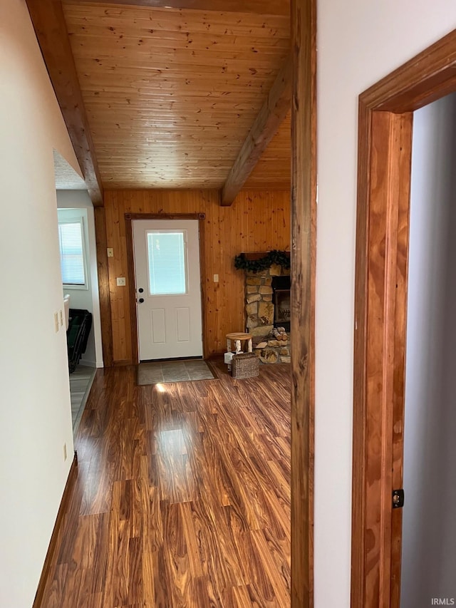 211 Mccutcheon Dr, Lafayette, IN 47909 - entrance foyer featuring dark wood-type flooring, wooden ceiling, and wood walls