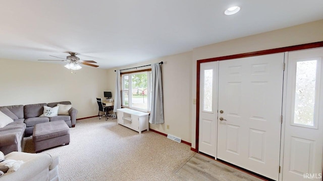 601 E 21st St, Ferdinand, IN 47532 - living area with baseboards, a ceiling fan, a desk, light colored carpet, and recessed lighting
