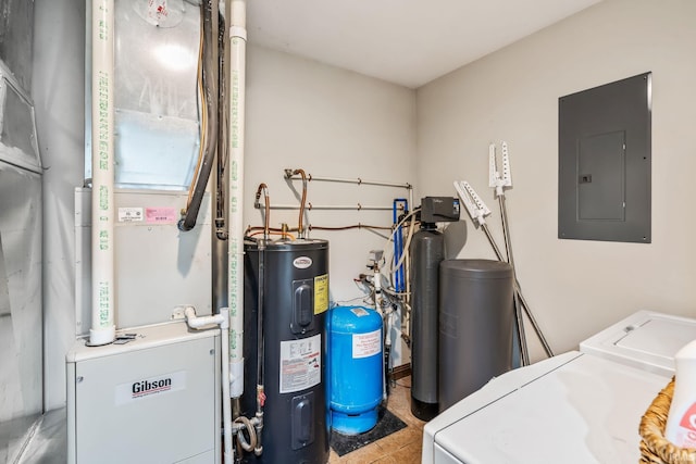 utility room featuring washer and clothes dryer, electric panel, electric water heater, and heating unit