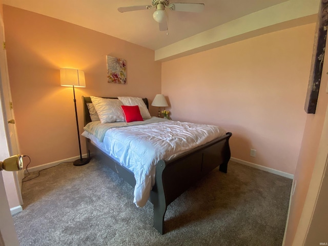 carpeted bedroom with baseboards and ceiling fan