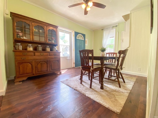 dining space featuring ornamental molding, healthy amount of natural light, ceiling fan, dark wood finished floors, and baseboards