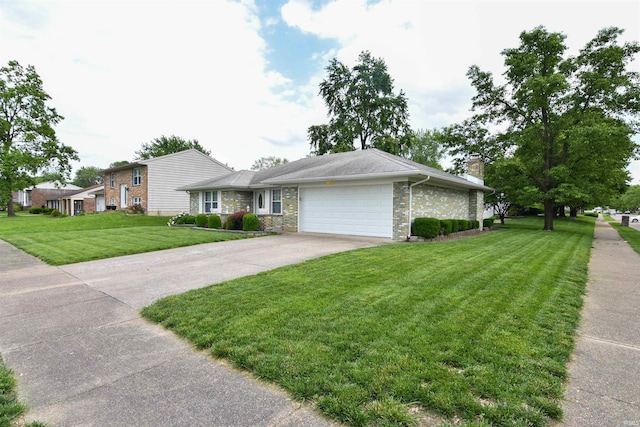4101 Saddlebrooke Ln, Evansville, IN 47715 - view of front facade featuring a garage, concrete driveway, a front yard, a chimney, and stone siding