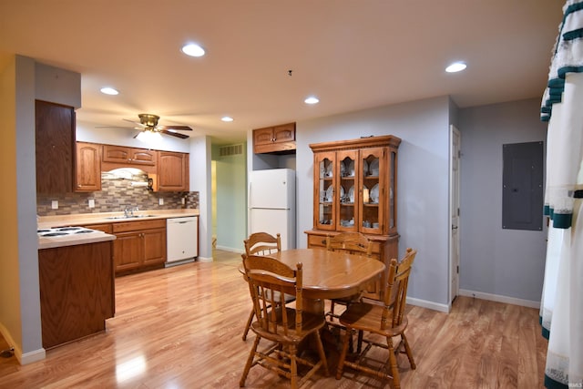 4101 Saddlebrooke Ln, Evansville, IN 47715 - dining room with light wood-style floors, recessed lighting, a ceiling fan, baseboards, and electric panel