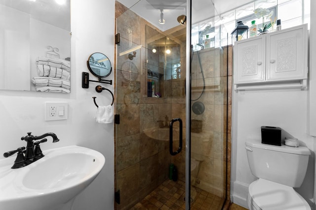 bathroom featuring a sink, toilet, and a stall shower