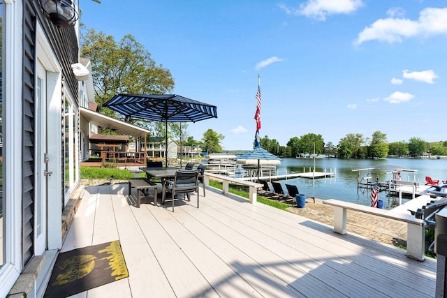 wooden deck featuring a water view and a dock