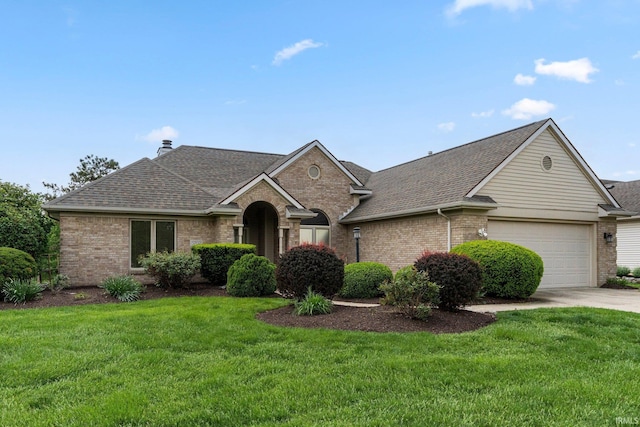 traditional-style home with brick siding, a shingled roof, and a garage