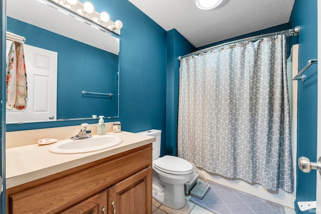 full bath with tile patterned floors, toilet, vanity, a textured ceiling, and shower / bath combination with curtain