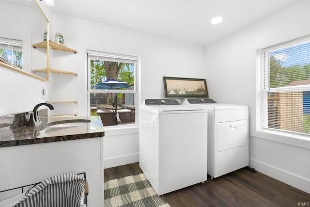 414 Monroe St, Monroeville, IN 46773 - laundry room with independent washer and dryer, dark wood-style floors, healthy amount of natural light, and recessed lighting