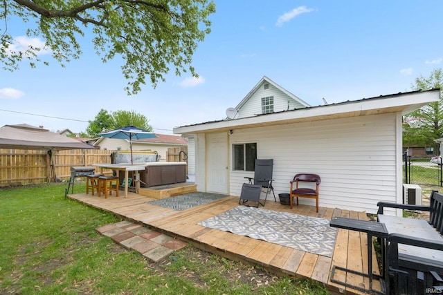 414 Monroe St, Monroeville, IN 46773 - rear view of house featuring a wooden deck and outdoor dining space
