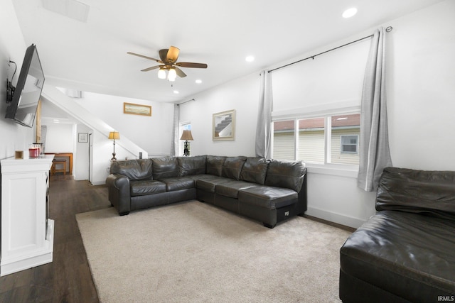414 Monroe St, Monroeville, IN 46773 - living area featuring ceiling fan, wood finished floors, recessed lighting, and stairway