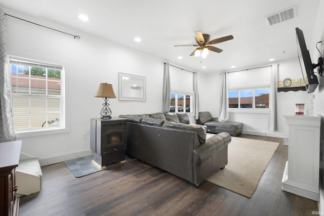 414 Monroe St, Monroeville, IN 46773 - living room featuring ceiling fan, dark wood-type flooring, plenty of natural light, recessed lighting, and baseboards