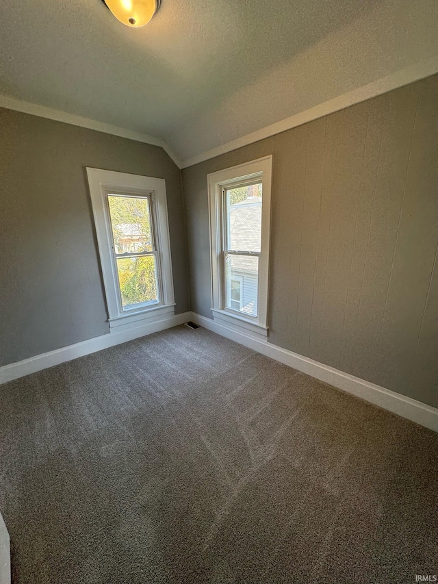 spare room with baseboards, carpet flooring, lofted ceiling, a textured ceiling, and ornamental molding